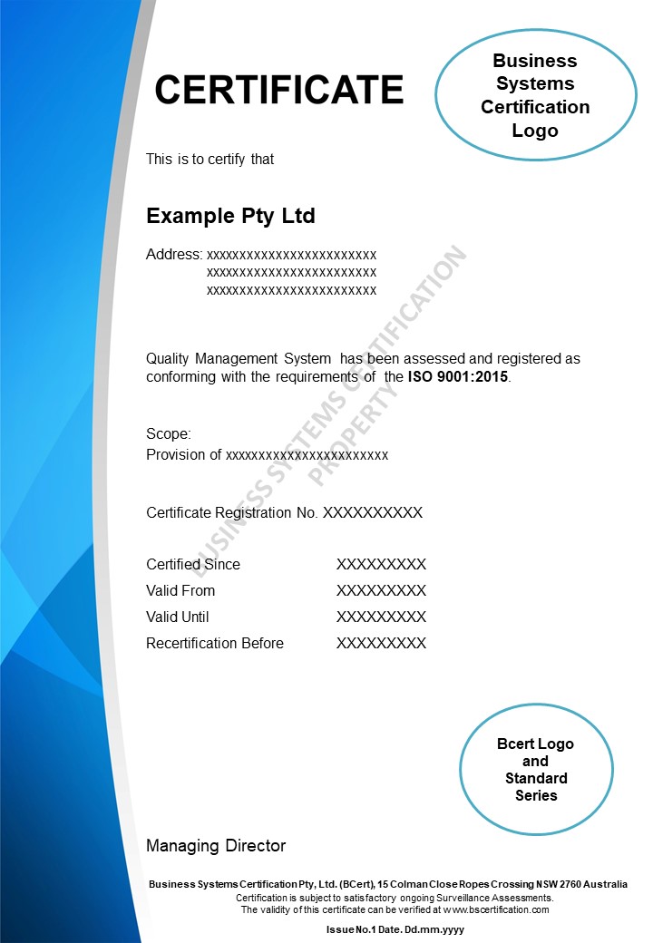 Sample Certificate Business Systems Certification Pty Ltd